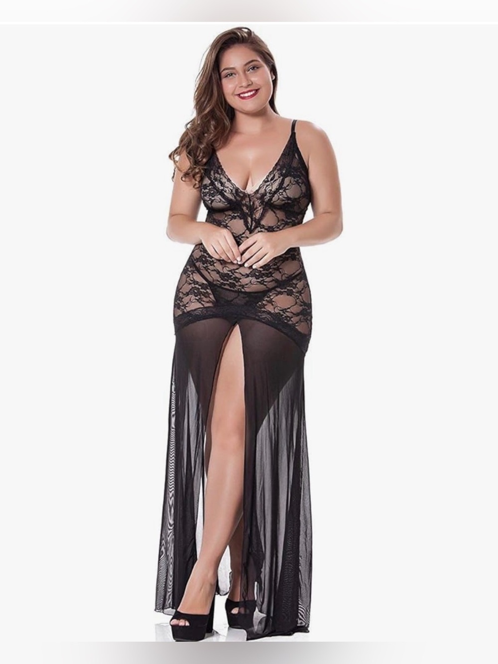 Black Lace Sheer Maxi Babydoll Lingerie Dress – One Size